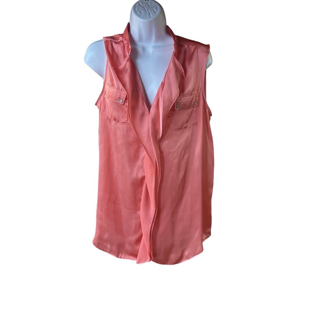 Cache Womens L Coral Silky Blouse Sleeveless Ruffle V Neck Flowy Top Y2K